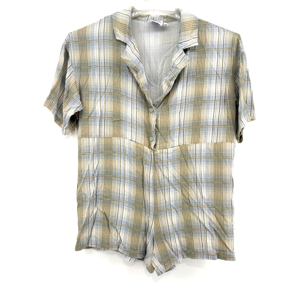 Princess Polly Plaid Button Up Short Romper Jumpsuit Viscose Women's Sizeโ 2